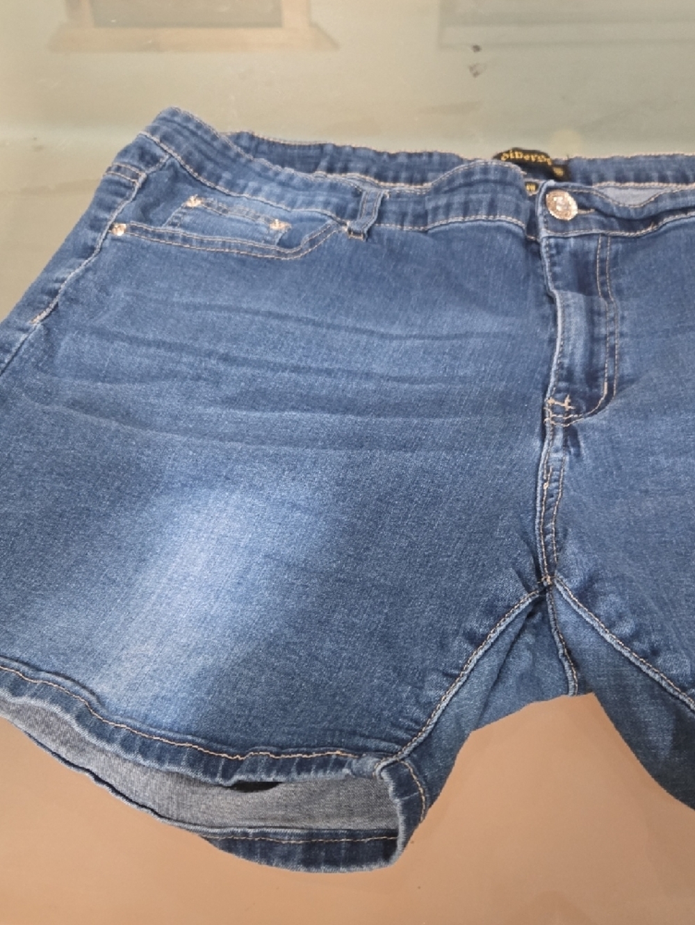 Denim Jean Shorts with Flag Pocket Accents - Blue - Picture 10 of 10